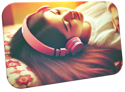 a woman sleeping peacfully with headphones, enjoying q-beats sound sleep treatment. deep sleep. q-beats treatment. q-beats therapy, sleepless nights, improving sleep
